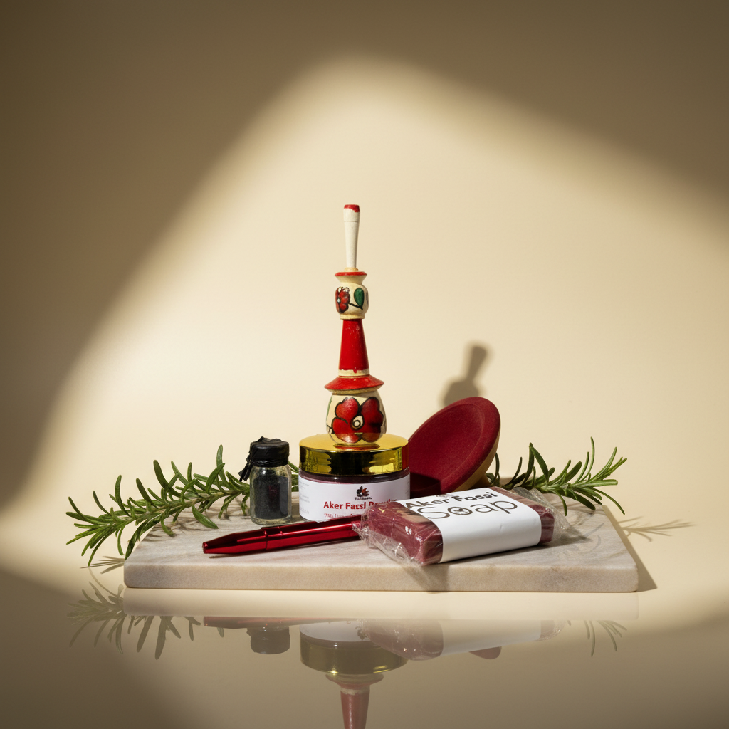 Aker Fassi Beauty Bundle – Rotes Ritual Set | Seife, Pulver, Lippenfarbe mit doppelter Pinsel & Khol Set